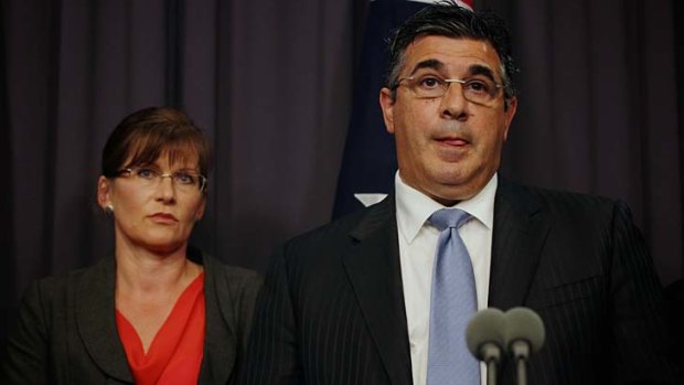 Bombshell announcements ... AFL chief executive Andrew Demetriou with Sport Minister Kate Lundy.