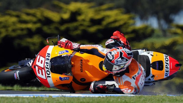 Spain's Marc Marquez crashes during the second practice session on Friday.
