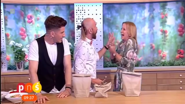 Shocking outcome ... <i>Question for Breakfast</i> host Marzena Rogalska screams after impaling her hand on a nail after a guest magician messed his trick up.
