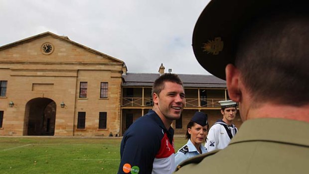 Comrade at arms ... the Roosters’ Shaun Kenny-Dowall at the Victoria Barracks yesterday to promote the ANZAC Day clash against the Dragons. ‘‘I’ve got full confidence in the club and Todd,’’ he said of the Carney affair.