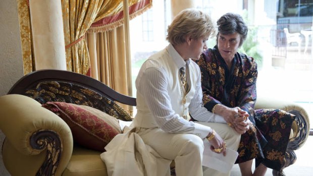 Michael Douglas, right, as Liberace, and Matt Damon, as Scott Thorson in a scene from <i>Behind the Candalabra</i>.