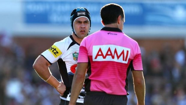 Not happy: Panthers captain Jamie Soward remonstrates with referee Matt Cecchin during Sunday's controversial loss to Manly.