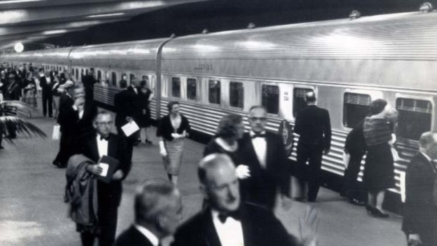 Pomp ... guests prepared to board the inaugural Southern Aurora service to Melbourne at Central Station in April 1962.