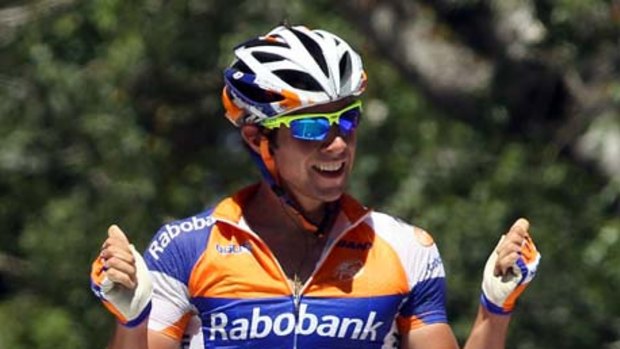 Michael Matthews celebrates his Tour Down Under third stage win yesterday.
