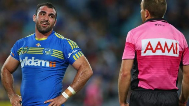 Disappointed: Tim Mannah remonstrates with the match official at Friday's NRL clash.