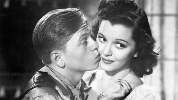 Mickey Rooney with actress Ann Rutherford in the 1938 film <i>Out West With the Hardys</i>.