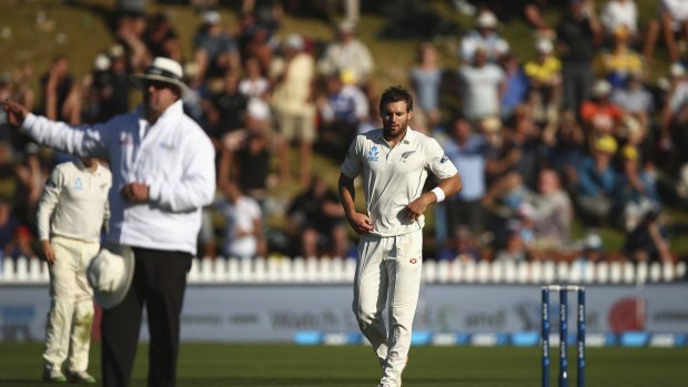 Doug Bracewell of reacts after bowling Adam Voges off a no ball.