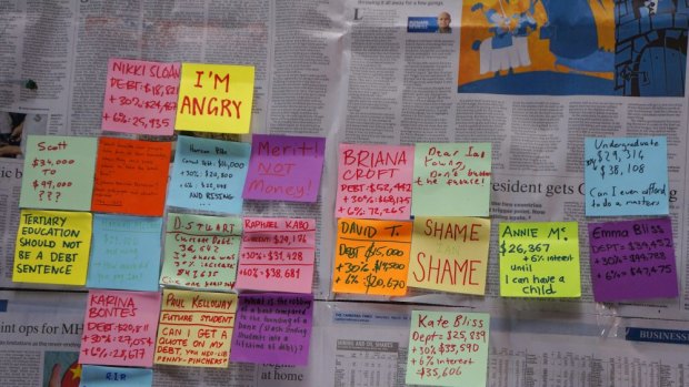 Protest: Some of the post-it notes at the ANU on Wednesday.