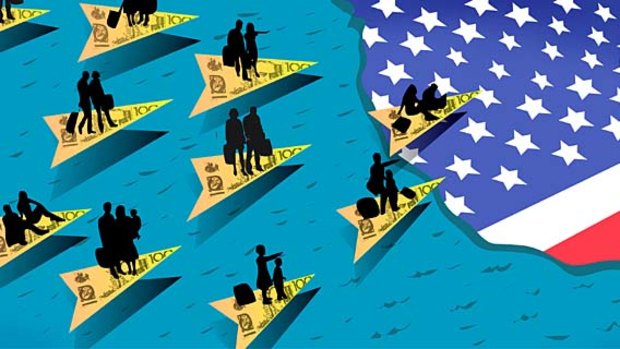 Australians are flocking to the US to take advantage of the strong dollar. Illustration: Michael Mucci.