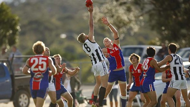 Saints be praised: St Arnaud ruckman Ryan Smith (above, right) does battle against Boort.