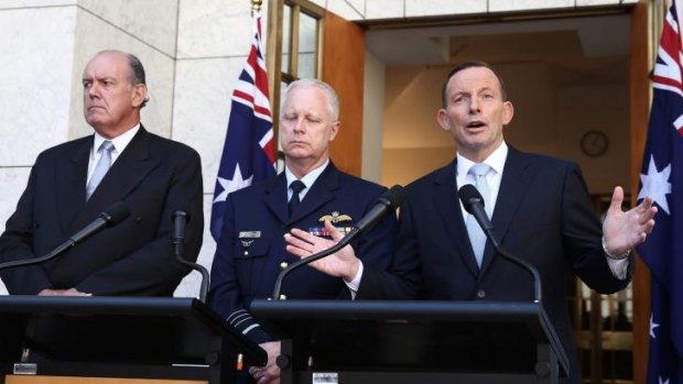United: Defence Minister David Johnston, Air Chief Marshal Mark Binskin and Prime Minister Tony Abbott announce Australia's participation in strikes against Islamic State.