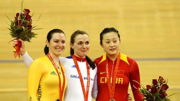 2008 Olympic dais: Anna Meares, Victoria Pendleton and Shuang Guo.
