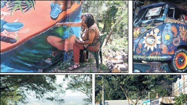 Hippie hideaway ... (from far left) painting at the Djanbung Gardens; a Kombi van at the Nimbin Museum; there are bushwalking trails for all levels of ability; shopfronts in a Nimbin street.