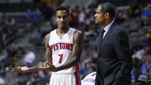 Detroit Pistons coach Maurice Cheeks talks tactics on the sidelines with guard Brandon Jennings. Detroit fired Cheeks on Sunday after less than a year as coach, with the Pistons languishing well below .500 despite offseason moves aimed at putting the struggling franchise back in contention.