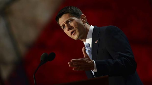 Republican vice-presidential nominee Paul Ryan delivers the keynote address during the third day of the 2012 Republican national Convention  in Tampa, Florida.
