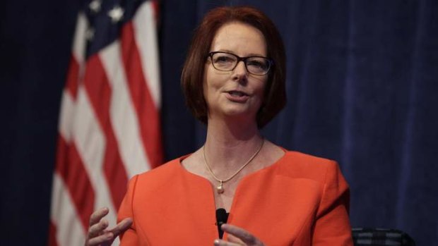 Former Australian Prime Minister Julia Gillard speaks at a policy forum in Washington.