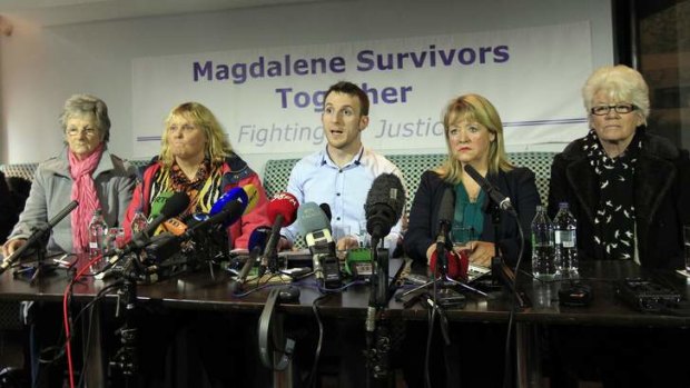 Apology rejected ... spokesman Steven O'Riordan (C) with, Marina Gambold (L-R), Mary Smyth, Maureen Sullivan and Diane Croghan, at a "Magdalene Survivors Together" news conference.
