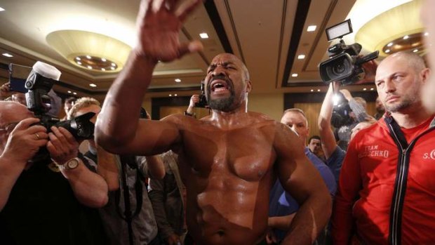 Former heavyweight champion Shannon Briggs invades the press conference with Alex Leapai and Wladimir Klitschko.