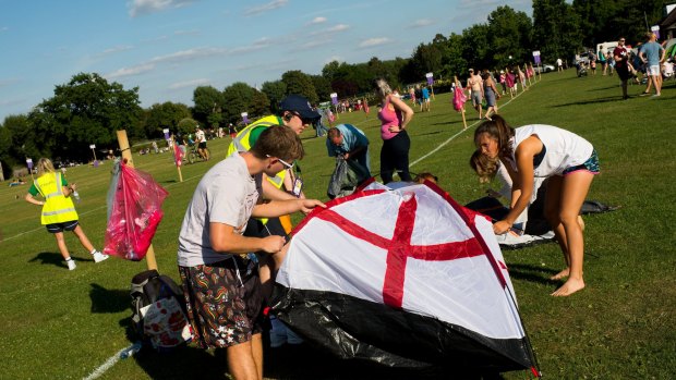 All England: Tennis fans set their tent up in the public queueing zone outside the All England Tennis Club.