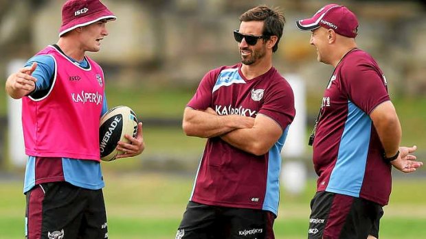 Sea Eagles assistant coach Andrew Johns (middle) could  be forced to plot a Manly victory over his old team Newcastle.