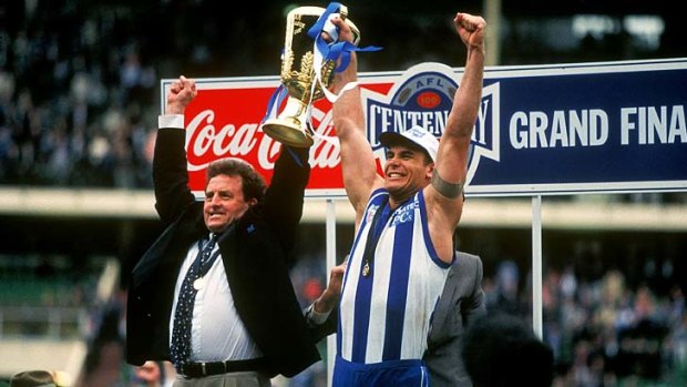 1996: Denis Pagan and Wayne Carey of North Melbourne have scaled the heights.