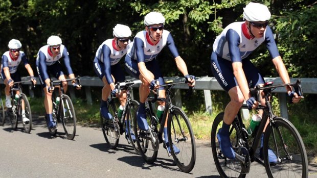 The Great Britain team shows the strain during the men's road race at the London Olympics.