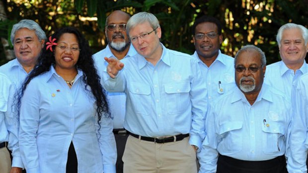 Prime Minister Kevin Rudd and poses for the official photo with Pacific leaders at Whitfield House.
