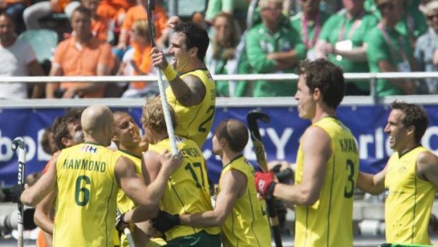 Australia's Kieran Govers celebrates a goal against the Netherlands during the World Cup final in the Hague on Sunday.