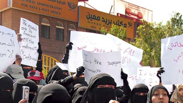 Yemeni female students protest outside Sanaa University on October 31, 2010