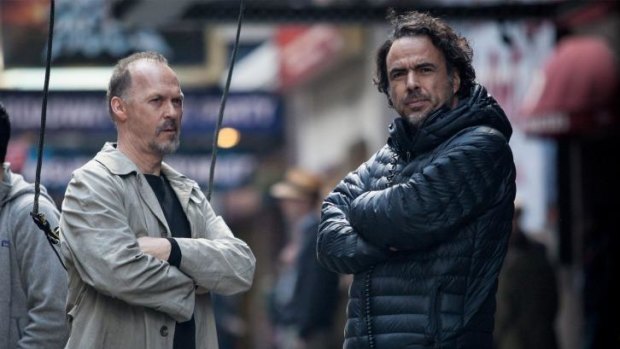 Michael Keaton and director Alejandro Gonzalez Inarritu on the set of <i>Birdman</i>.