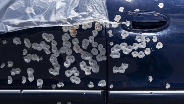 Detailed photograph of the gun shots targeted at Graham Wilson's car during a drive by shooting in Canberra.