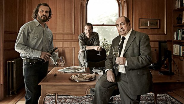 <i>Bad Debts</i> featured a stellar cast including (from left) Aaron Pedersen, Guy Pearce and Roy Billing.