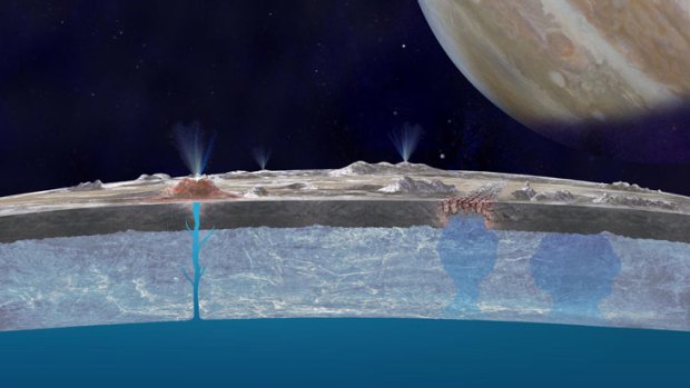 An artist's impression of giant geysers erupting on Europa as Jupiter  looms in the background.