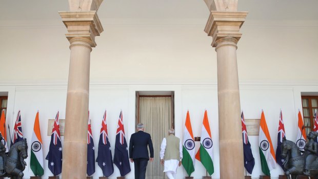 Australian Prime Minister Malcolm Turnbull with Indian Prime Minister Narendra Modi in New Delhi.