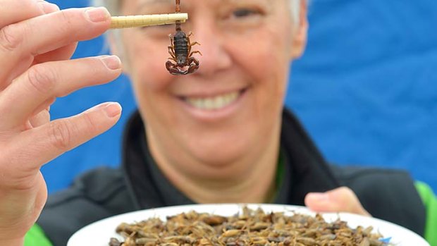 Kathy Subberfield eyes off a scorpion at Queen Victoria Markets' National Science Week bug feast.