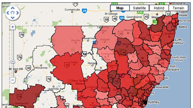 A screengrab from the NSW Crime Explorer app comparing rates of theft (break and enter) across the state.
