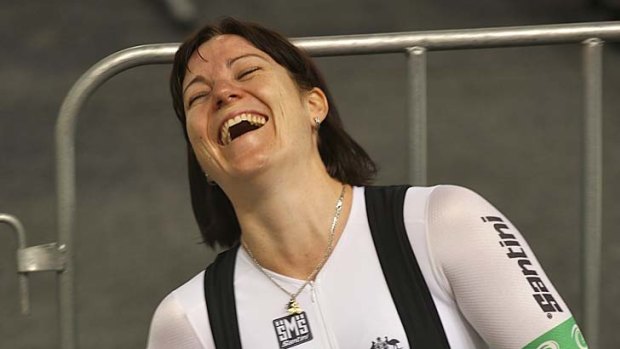 Golden smile: Australian track cyclist Anna Meares jokes at training ahead of the UCI world track championships.