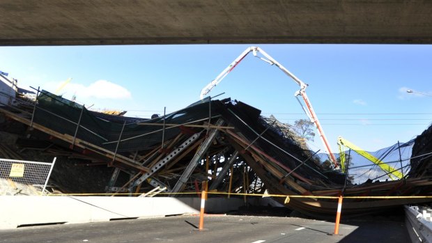 The scene of a bridge which collapsed on the Gungahlin Drive Extension, over Barton Highway in North Canberra. 