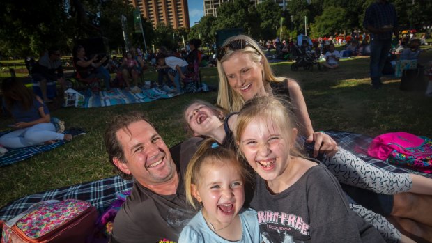 Tim and Nadine Mier celebrate New Years Eve 2017 with daughters Chelsea, Holly and Indiana at the family night in Yarra Park. 