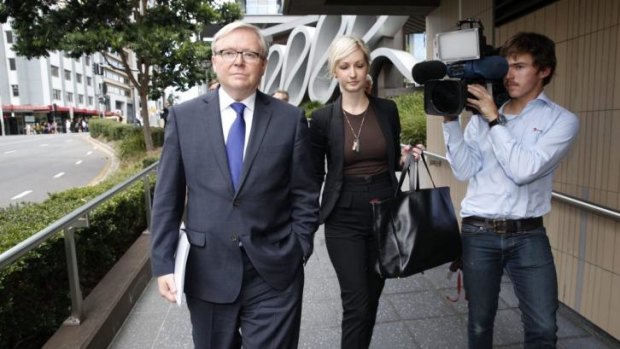 Former PM Kevin Rudd leaves the Home Insulation Inquiry in Brisbane on Thursday.