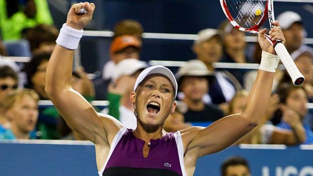 Samantha Stosur celebrates after her victory over Nadia Petrova on day five of the US Open.