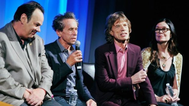 Dan Aykroyd, Brian Grazer,  Mick Jagger and Victoria Pearman, producers of the James Brown biopic <i>Get On Up</i>, field questions after a screening in New York in July 2014. 
