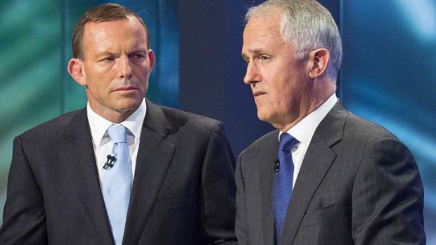 Offering: Tony Abbott and Malcolm Turnbull spruik the Coalition's broadband plan.