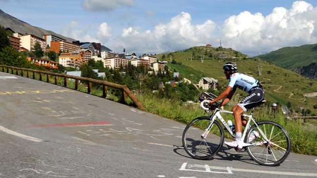 Spanish cyclist Alberto Contador takes a hill in Alpe d'Huez, French Alps this month.