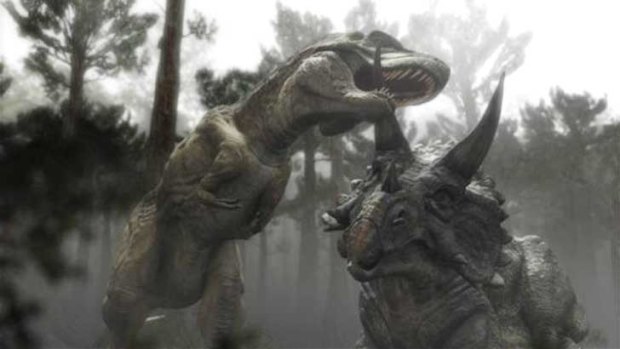 A tyrannosaurus rex and a triceratops do battle in a scene from Jurassic Park 4.