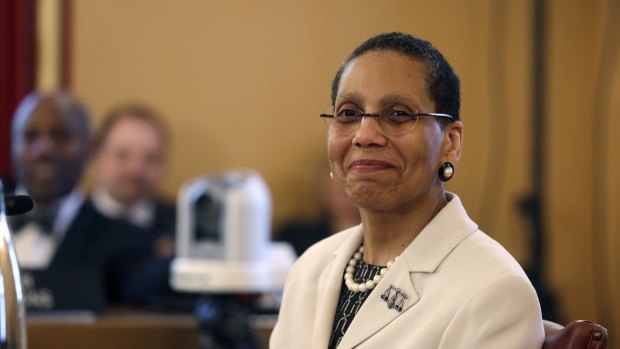 Justice Sheila Abdus-Salaam looks on as members of the state Senate Judiciary Committee vote unanimously to advance her nomination to fill a vacancy on the Court of Appeals in New York in 2013.