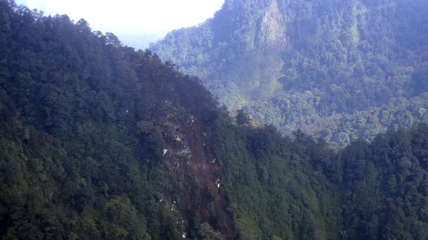Crashed ... In this photo released by Indonesian Air Force, the wreckage of a missing Sukhoi Superjet-100 are scattered on the mountainside in Bogor, West Java, Indonesia.