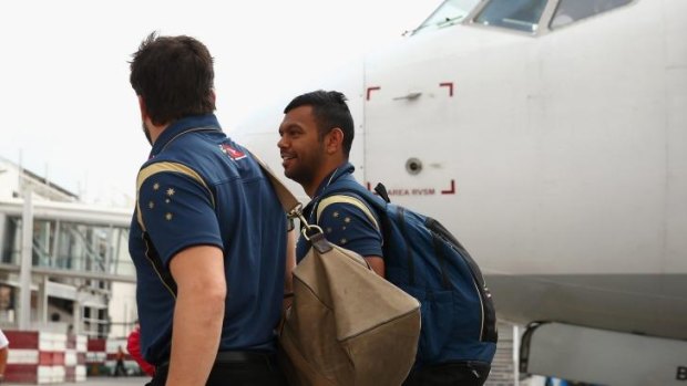 Happy traveller: Kurtley Beale arrives at Mendoza, Argentina, after a far less eventful flight from Brazil.