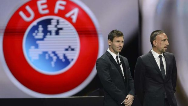 Barcelona's Lionel Messi (L) and Bayern Munich's Franck Ribery at the draw.