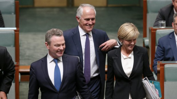 New Prime Minister Malcolm Turnbull arrives for question time with Christopher Pyne and Julie Bishop on Tuesday.